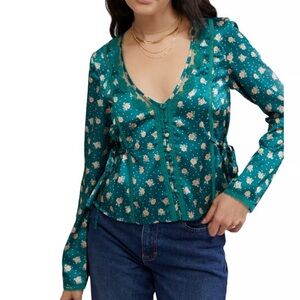 NWT Free People Field Of Roses Satin Blouse, Green Combo, Medium